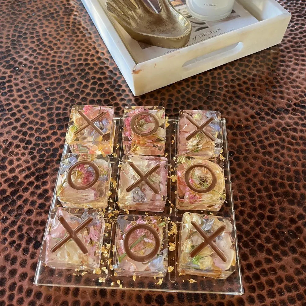 Resin Floral Preservation Tic-Tac-Toe Set featuring real wedding flowers embedded in a functional game board.