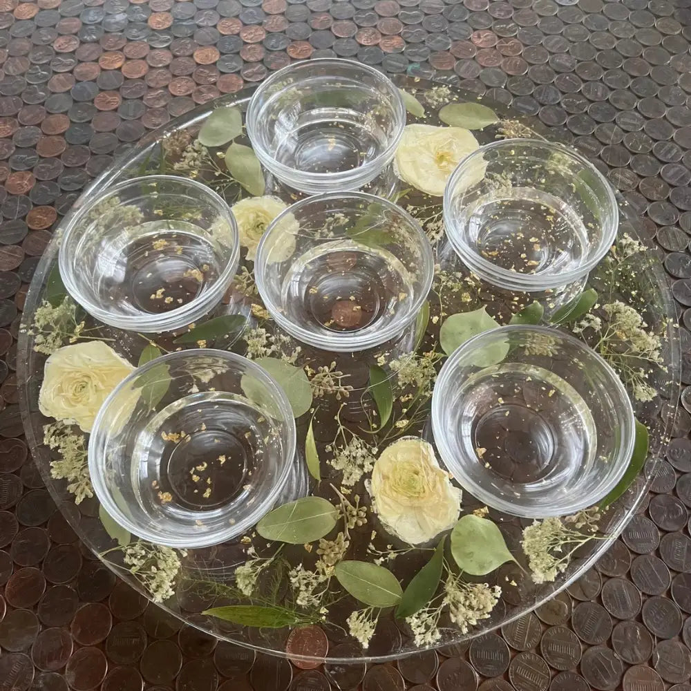 Resin Floral Preservation Party Platter Set with matching cups featuring real wedding bouquet petals for elegant serving.