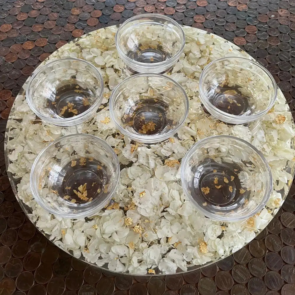 Resin Floral Preservation Party Platter Set with matching cups featuring real wedding bouquet petals for elegant serving.