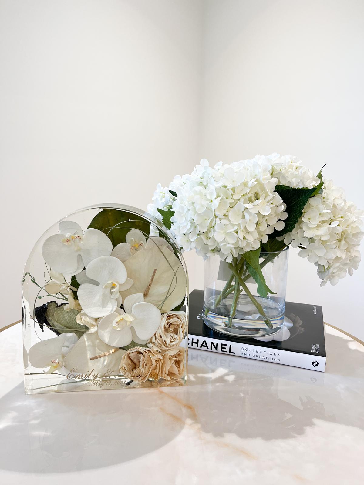 Modern Resin Floral Preservation Arch Block displaying custom preserved wedding flowers for a mantle or shelf.