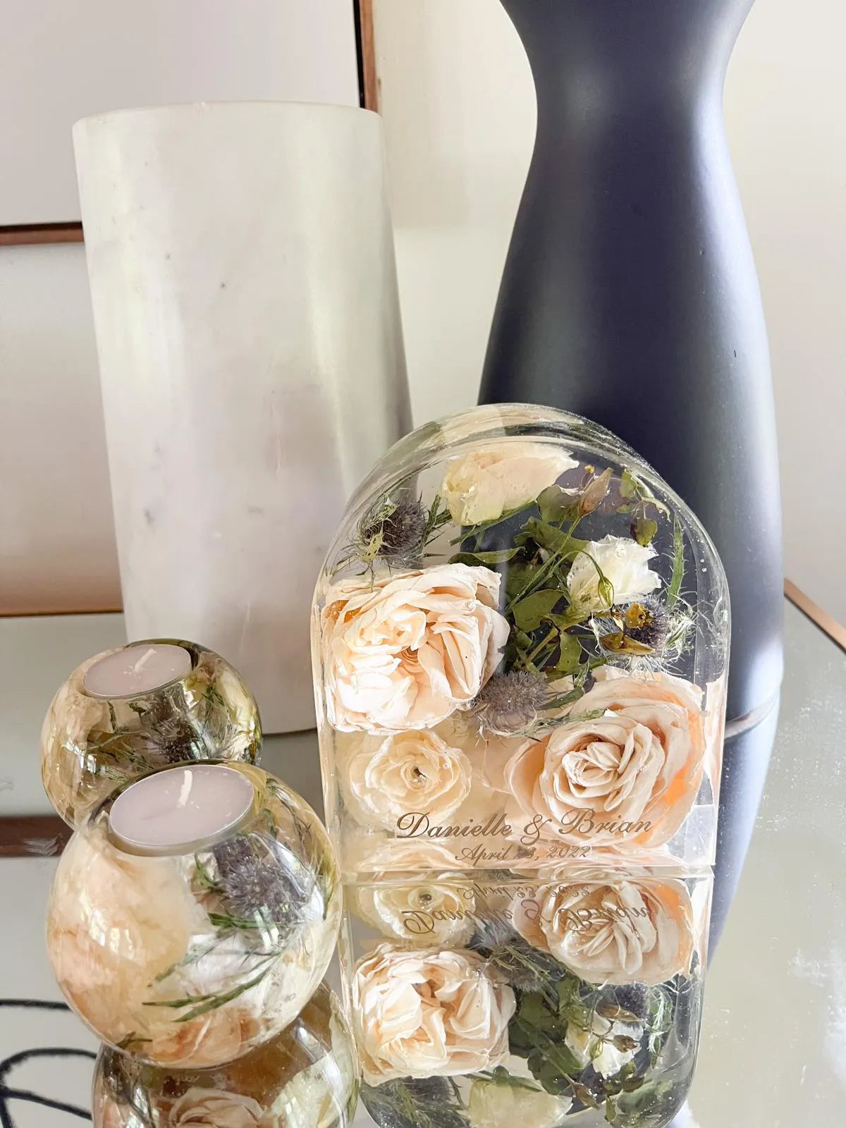 Modern Resin Floral Preservation Arch Block displaying custom preserved wedding flowers for a mantle or shelf.