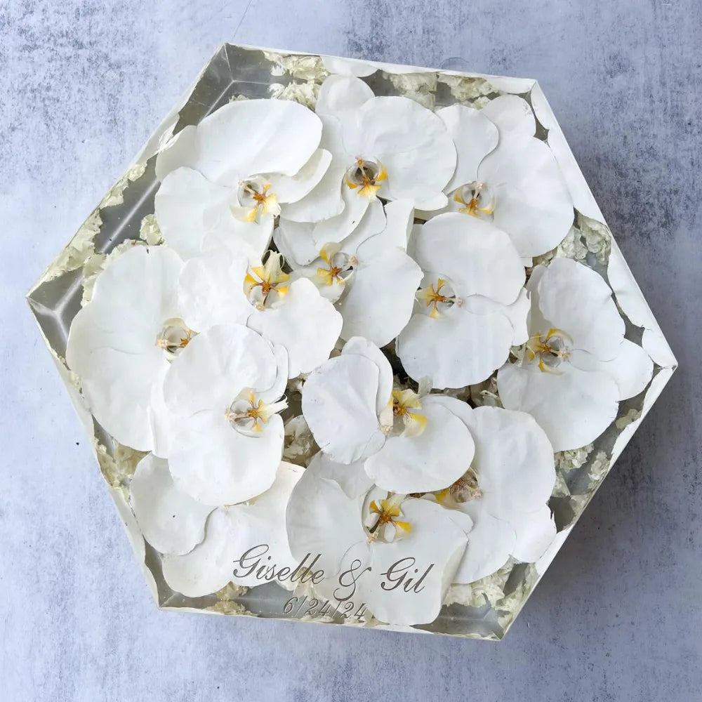 Geometric Hexagon Resin Floral Preservation Block displaying a vibrant custom wedding bouquet from all angles.