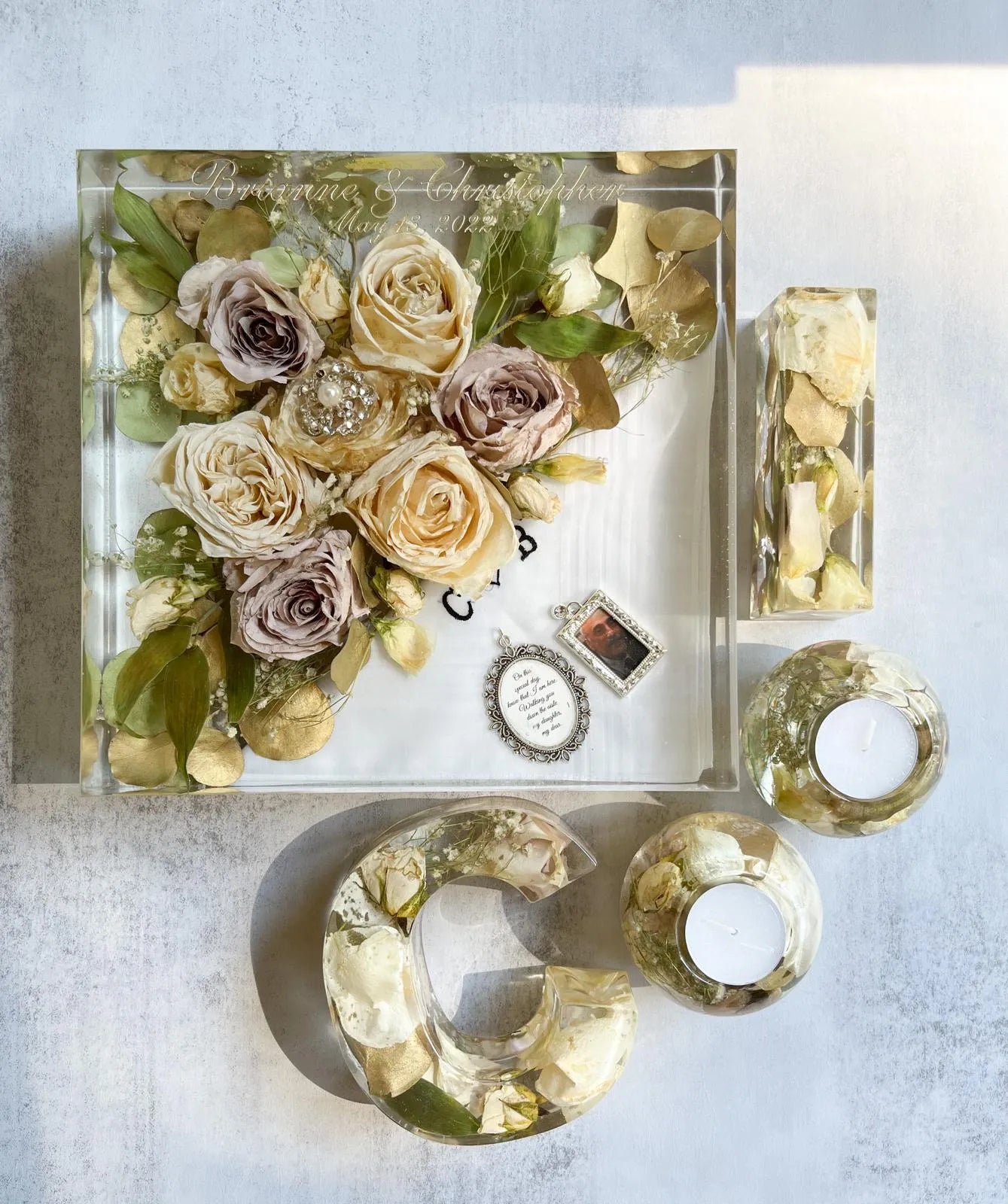Classic Square Resin Floral Preservation Block capturing a lush wedding bouquet in crystal clear resin.