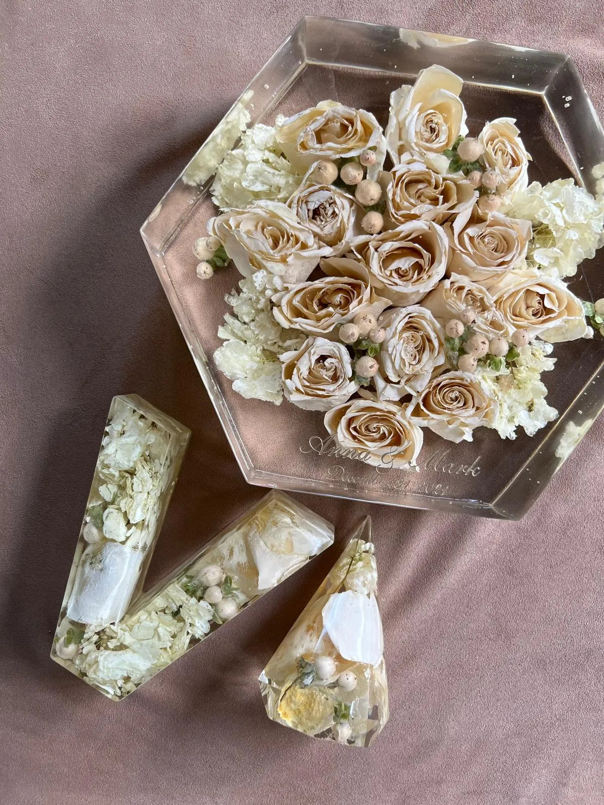 Custom Resin Floral Preservation Letter displaying wedding flowers in a personalized monogram shape.
