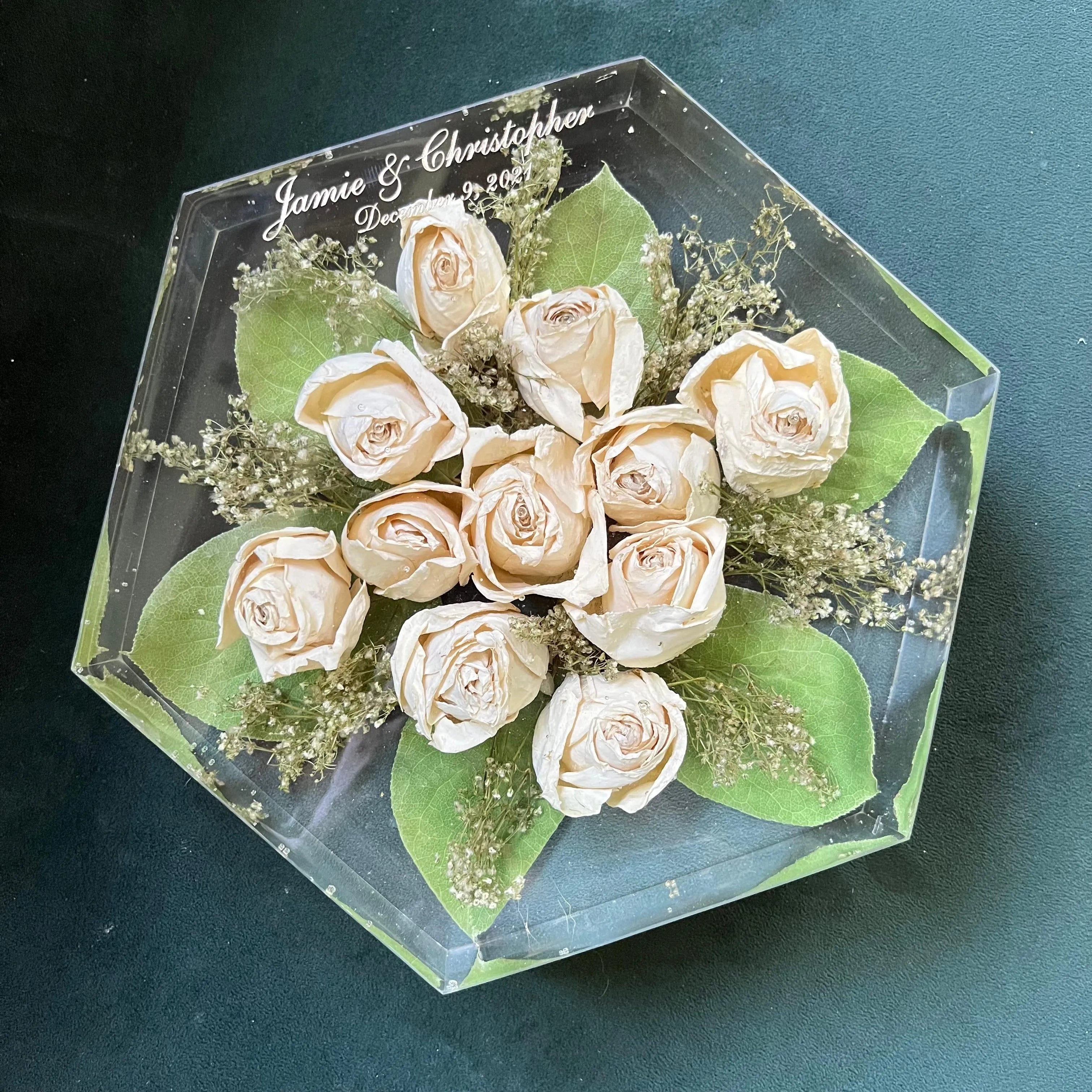 Geometric Hexagon Resin Floral Preservation Block displaying a vibrant custom wedding bouquet from all angles.