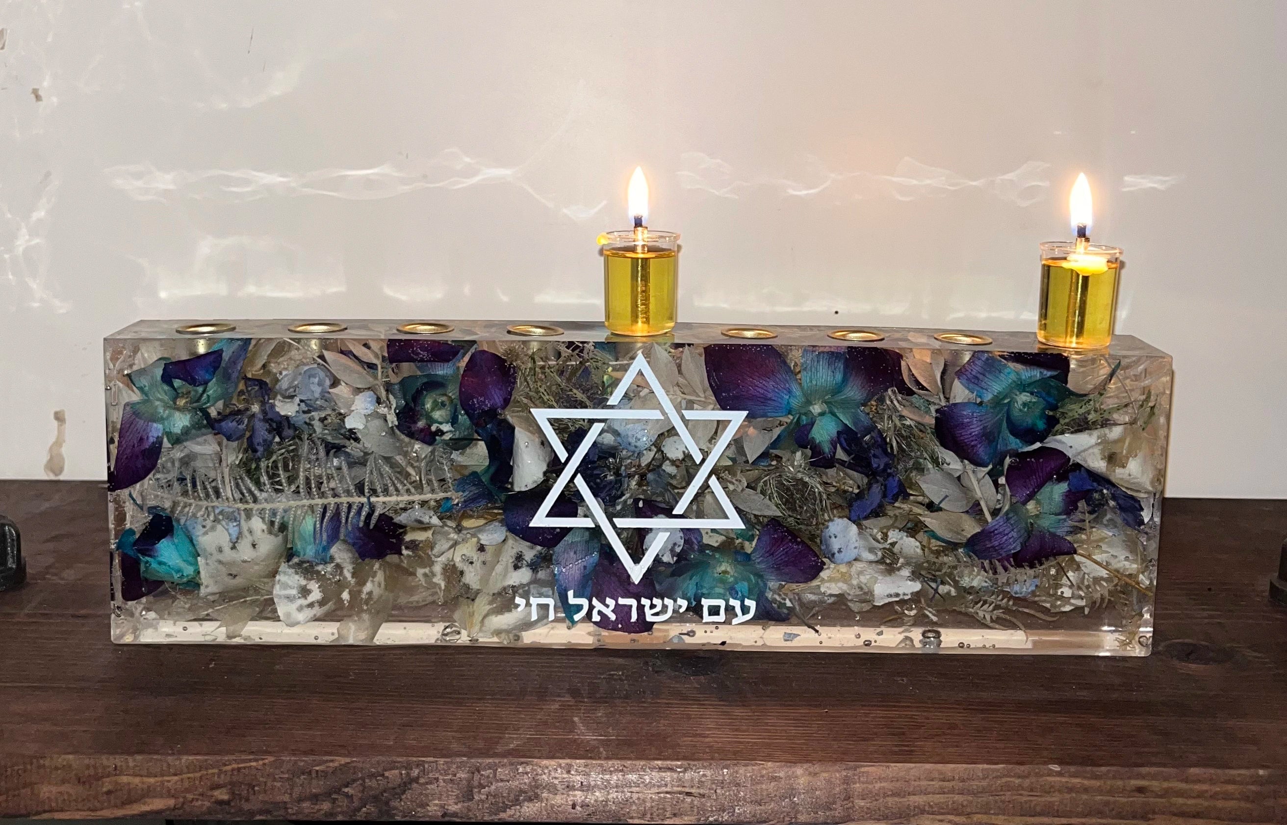 Custom Resin Floral Preservation Menorah handcrafted with colorful wedding bouquet petals for a Jewish wedding keepsake.