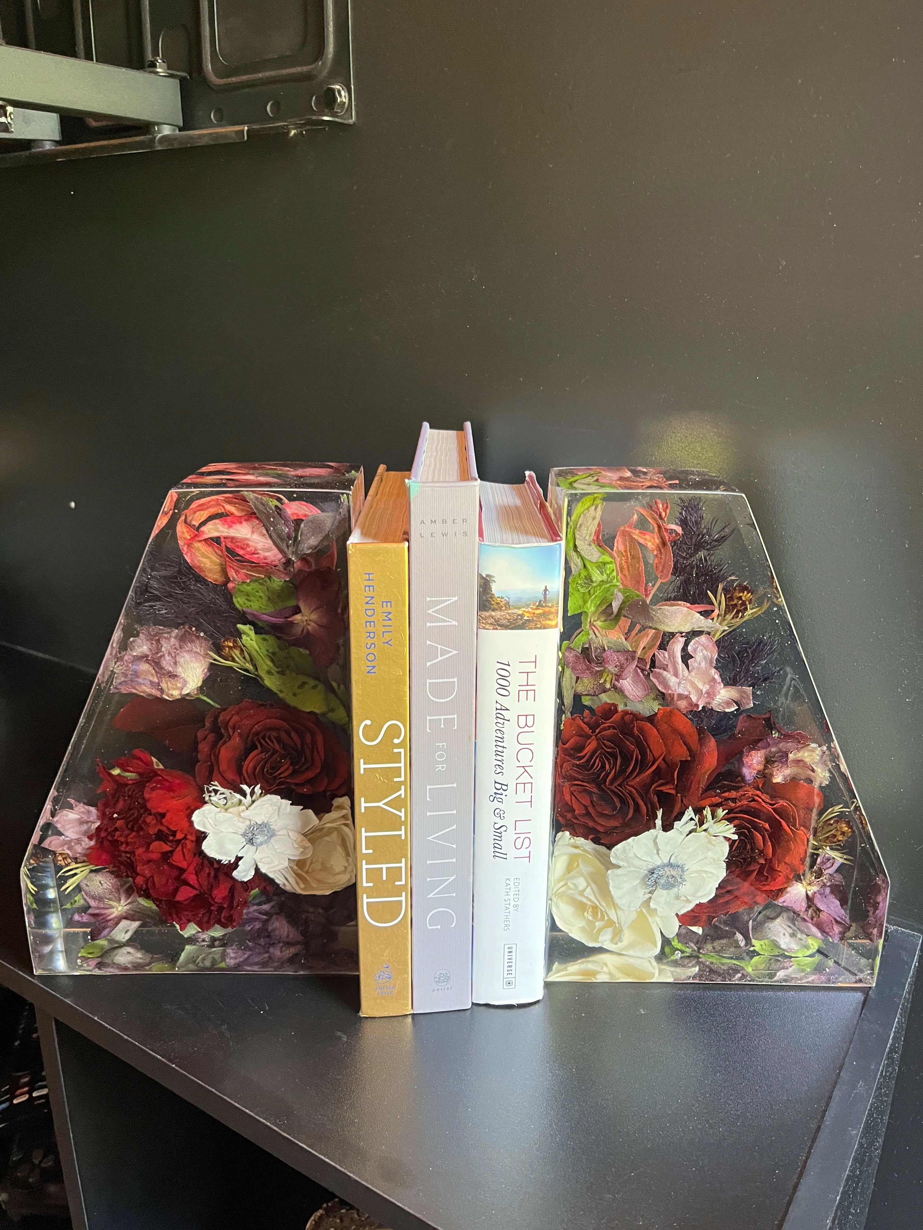 Resin Floral Preservation Straight Edge Bookends organizing a bookshelf with preserved wedding flowers inside.