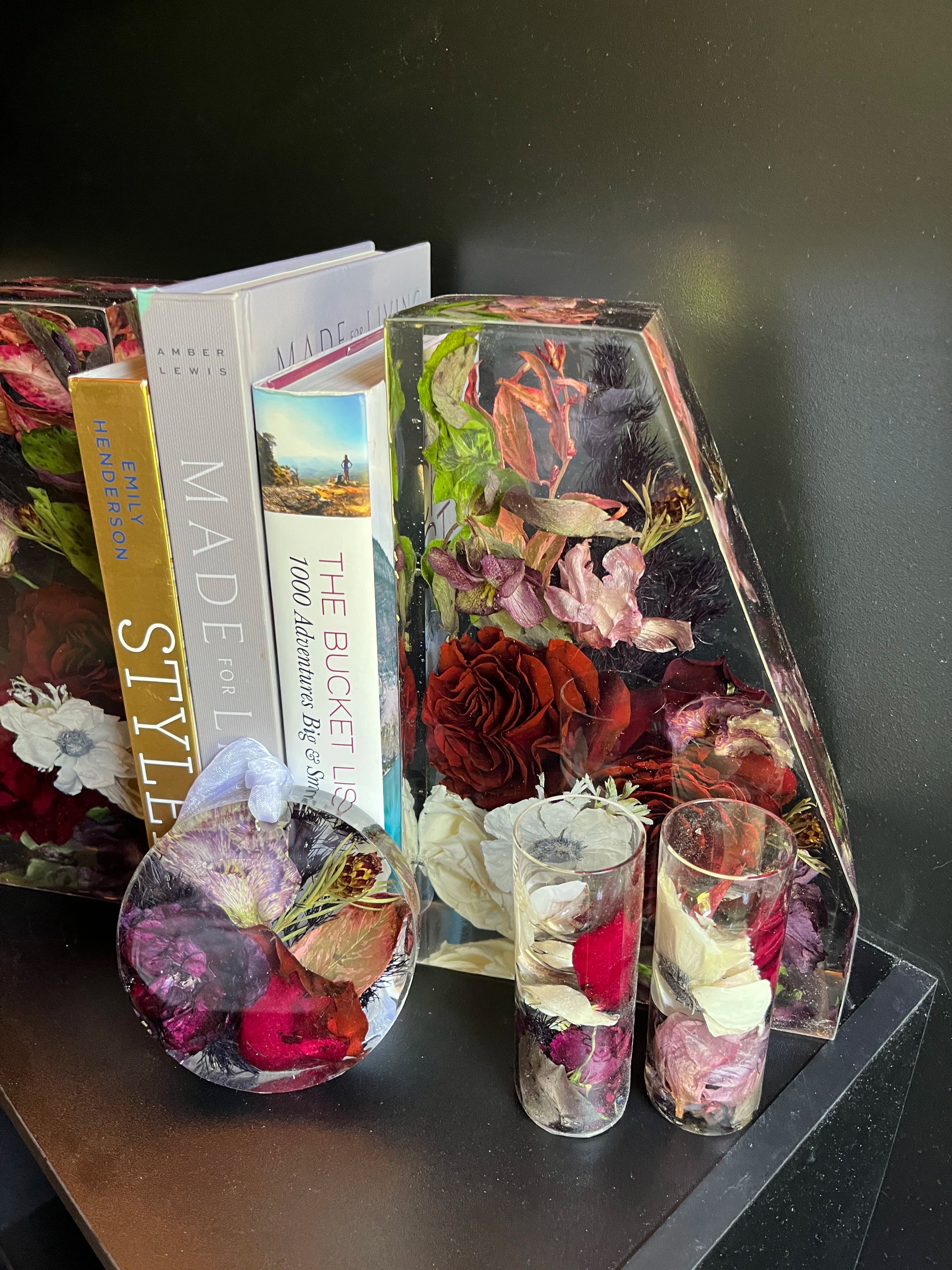 Resin Floral Preservation Straight Edge Bookends organizing a bookshelf with preserved wedding flowers inside.