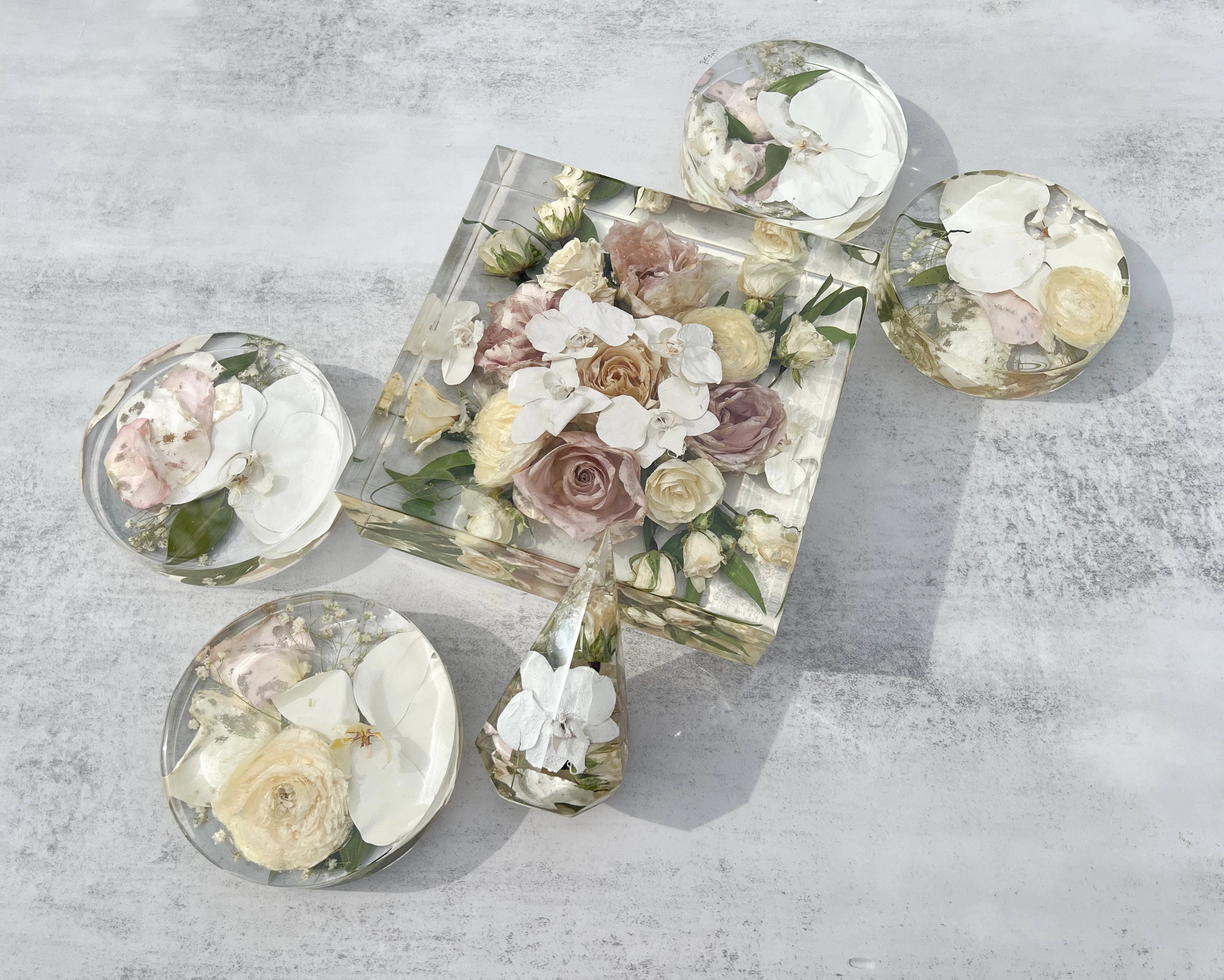 Classic Square Resin Floral Preservation Block capturing a lush wedding bouquet in crystal clear resin.