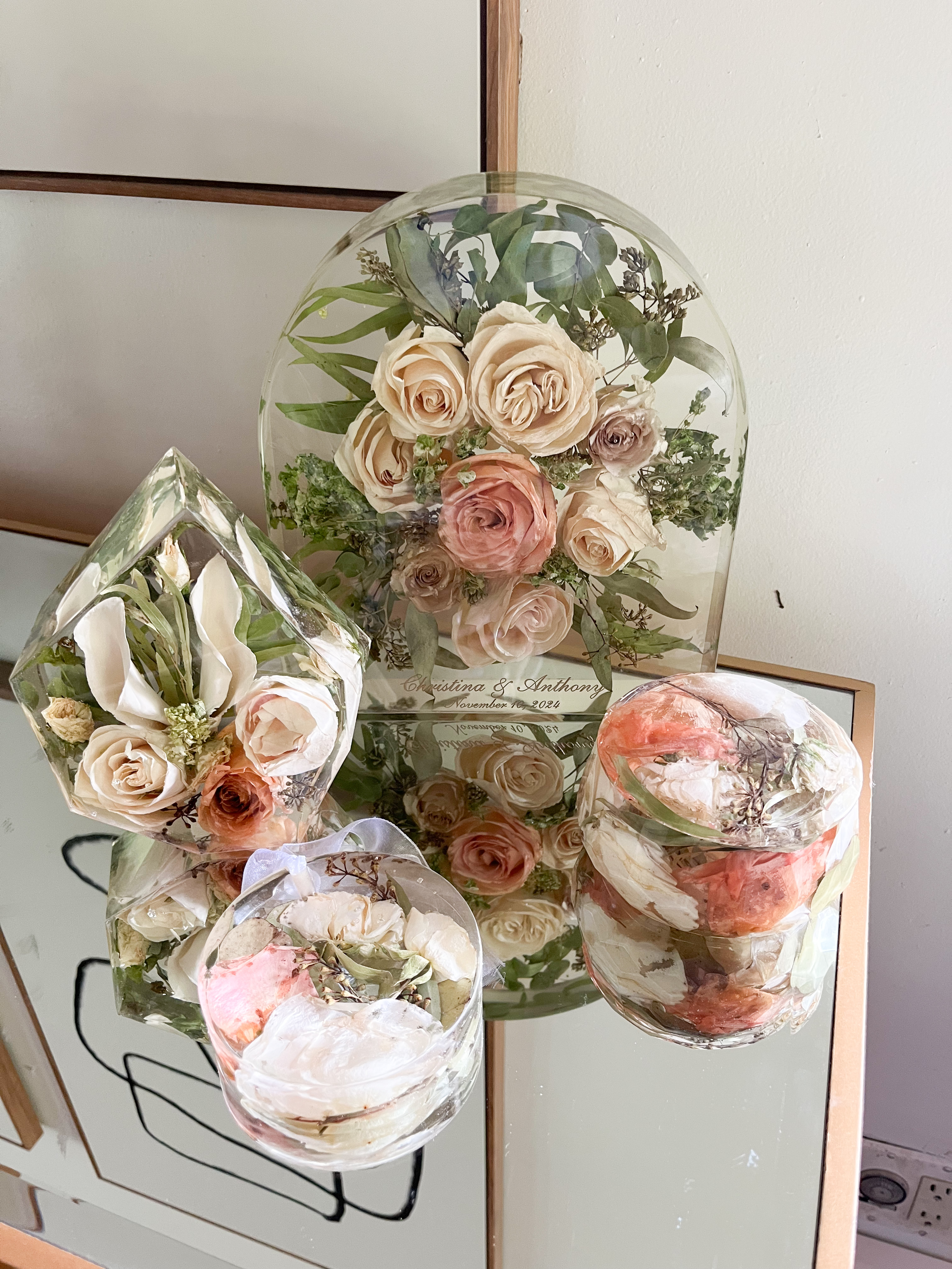 Modern Resin Floral Preservation Arch Block displaying custom preserved wedding flowers for a mantle or shelf.