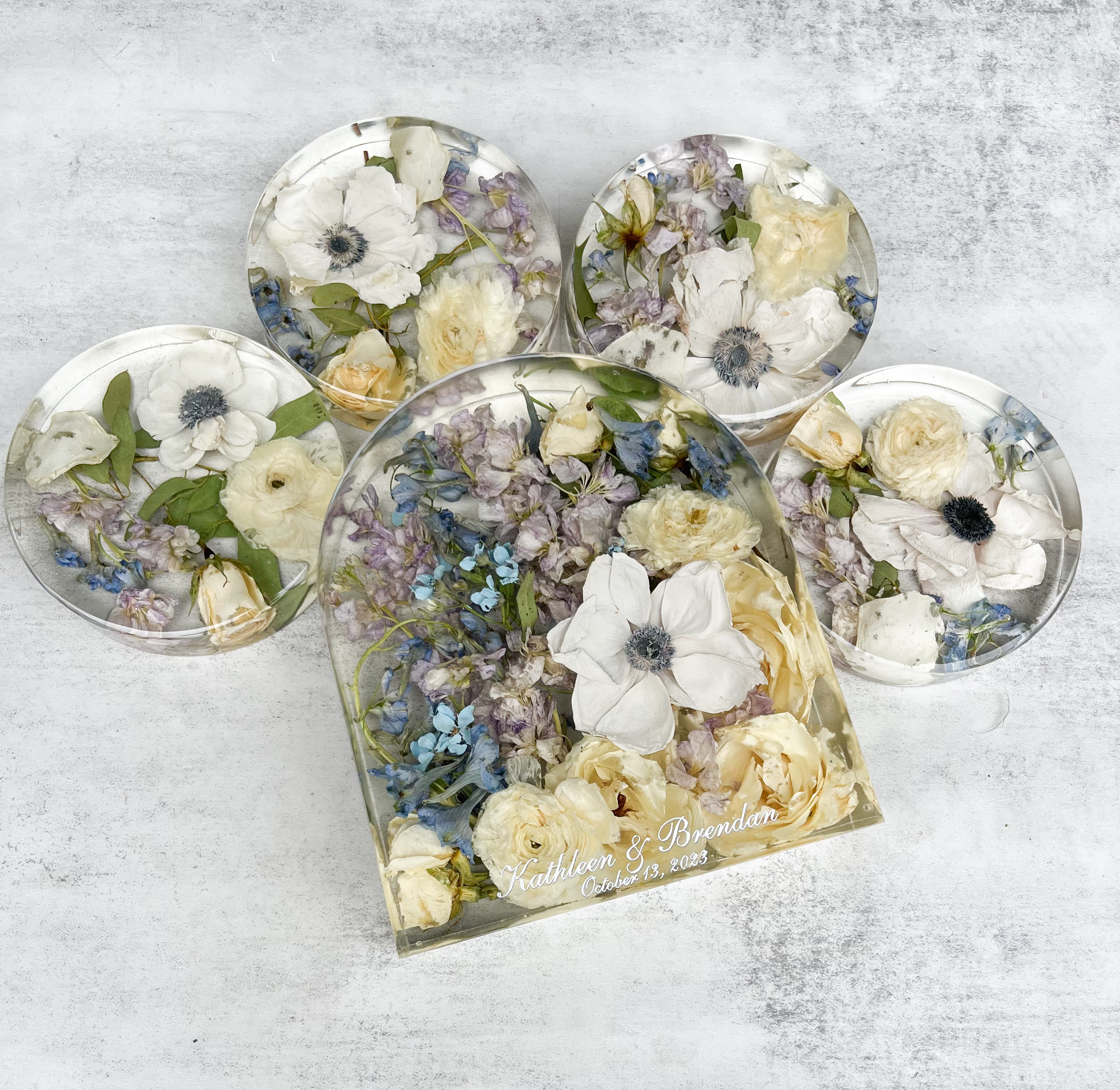 Modern Resin Floral Preservation Arch Block displaying custom preserved wedding flowers for a mantle or shelf.