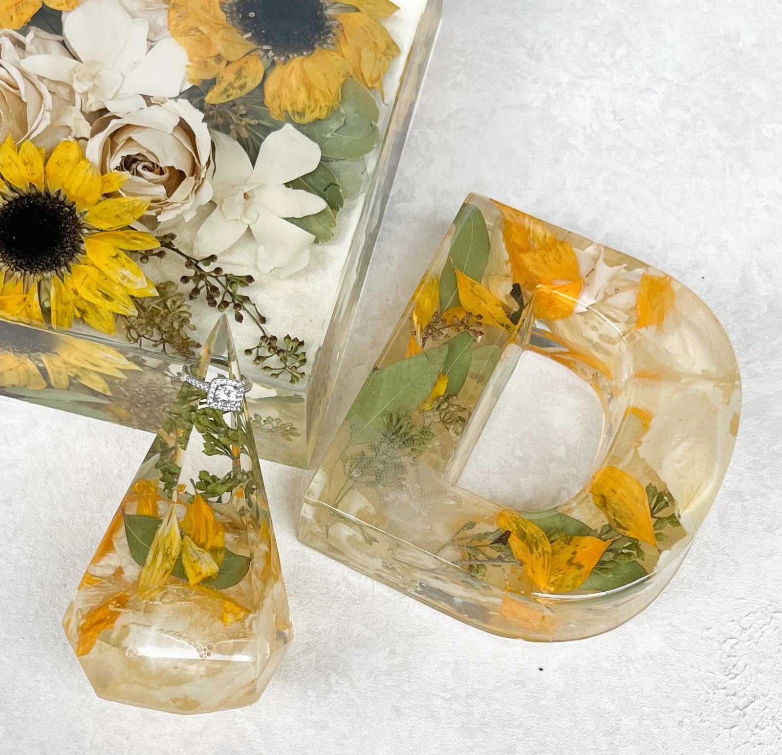 Custom Resin Floral Preservation Letter displaying wedding flowers in a personalized monogram shape.