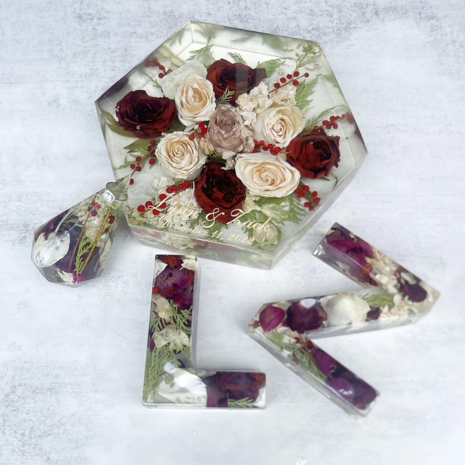 Custom Resin Floral Preservation Letter displaying wedding flowers in a personalized monogram shape.