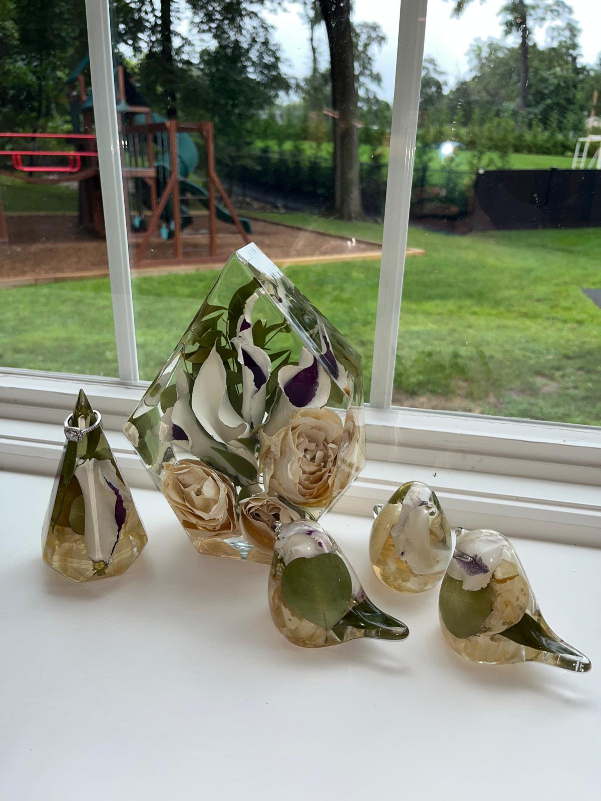 Custom Resin Floral Preservation Bird figurine handcrafted with real wedding bouquet flowers.