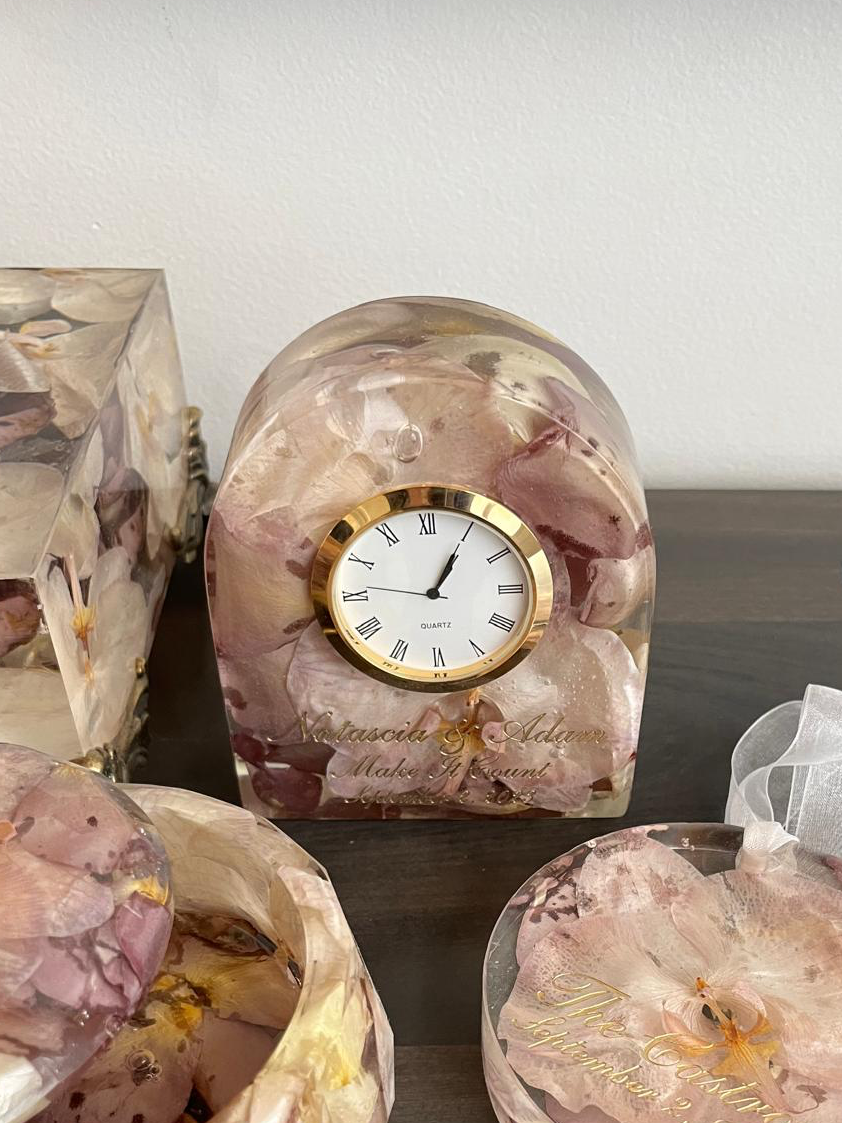 Resin Floral Preservation Arch Clock functioning as a functional timepiece with custom preserved wedding flowers.