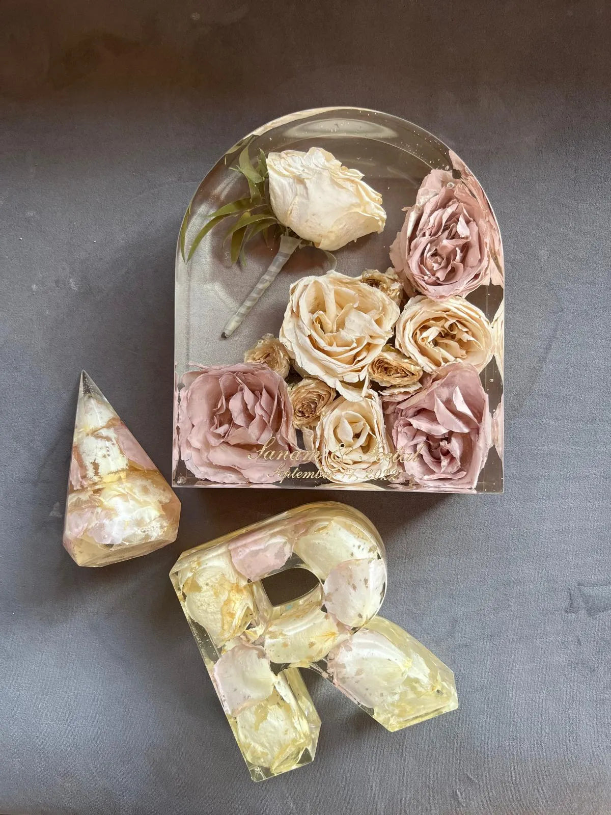 Modern Resin Floral Preservation Arch Block displaying custom preserved wedding flowers for a mantle or shelf.
