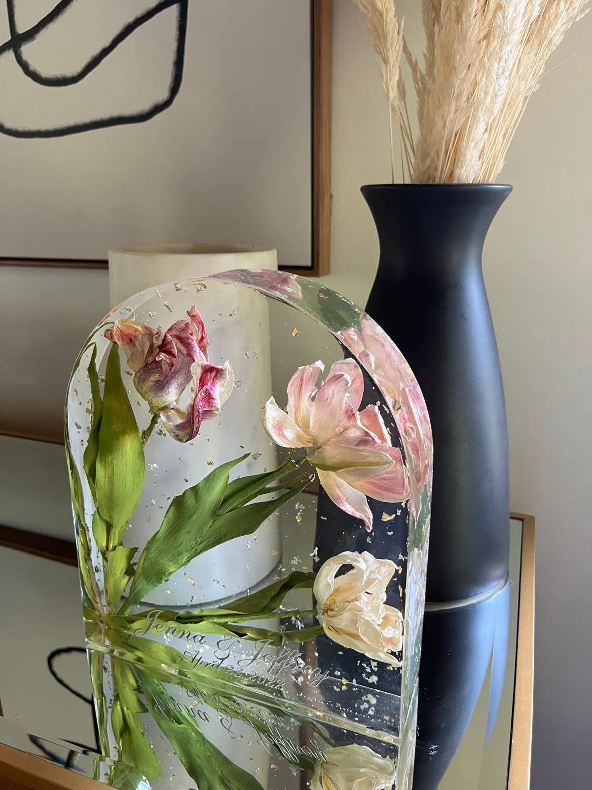 Modern Resin Floral Preservation Arch Block displaying custom preserved wedding flowers for a mantle or shelf.