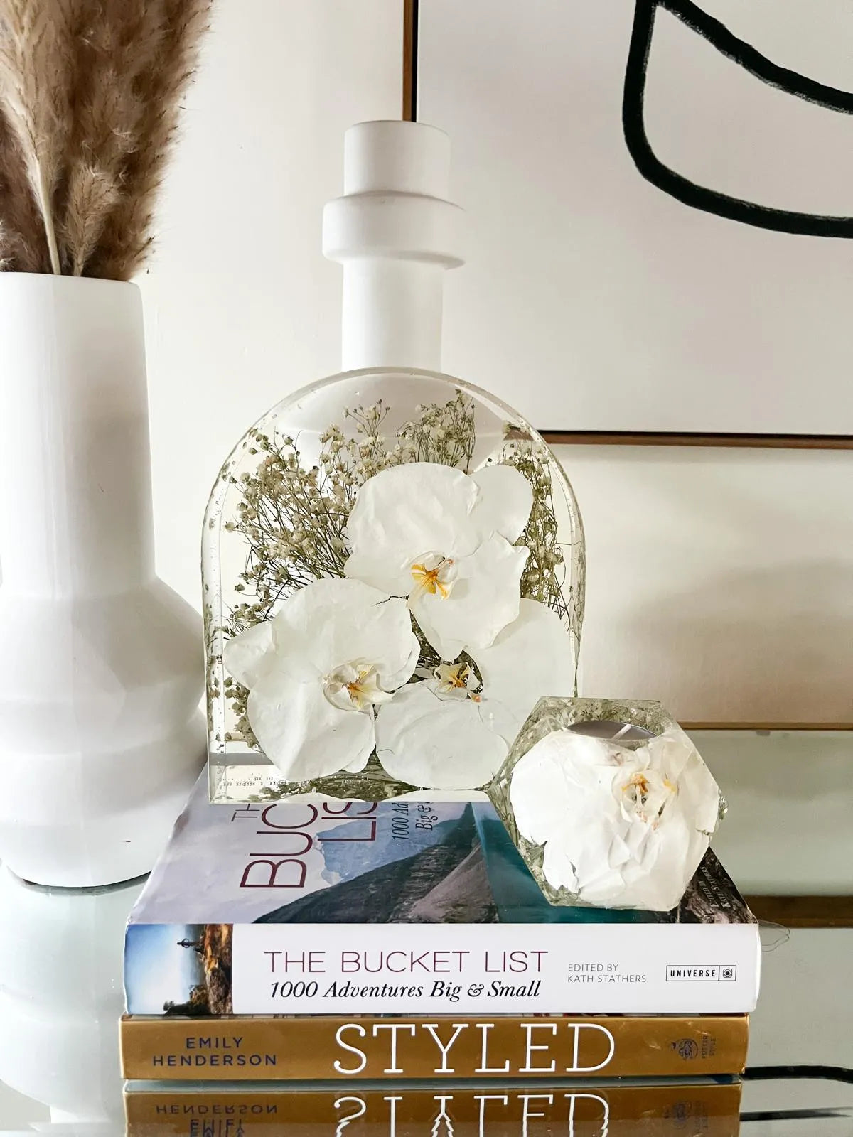 Modern Resin Floral Preservation Arch Block displaying custom preserved wedding flowers for a mantle or shelf.