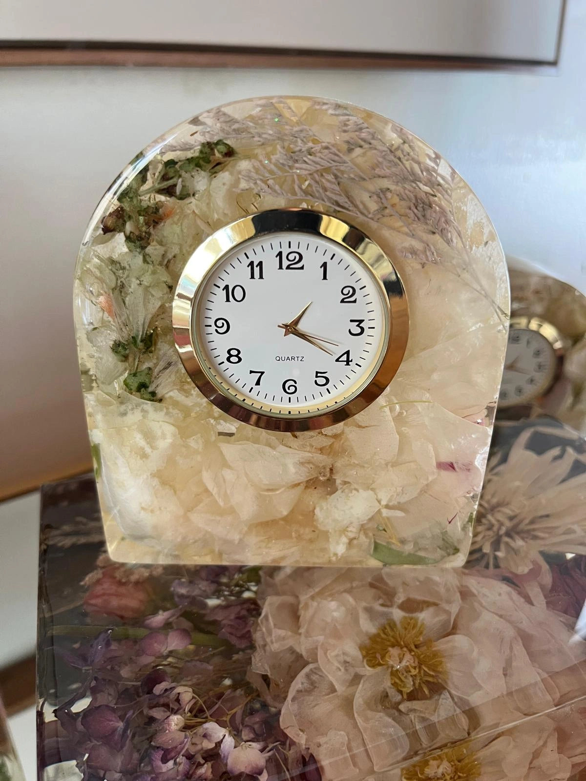 Resin Floral Preservation Arch Clock functioning as a functional timepiece with custom preserved wedding flowers.