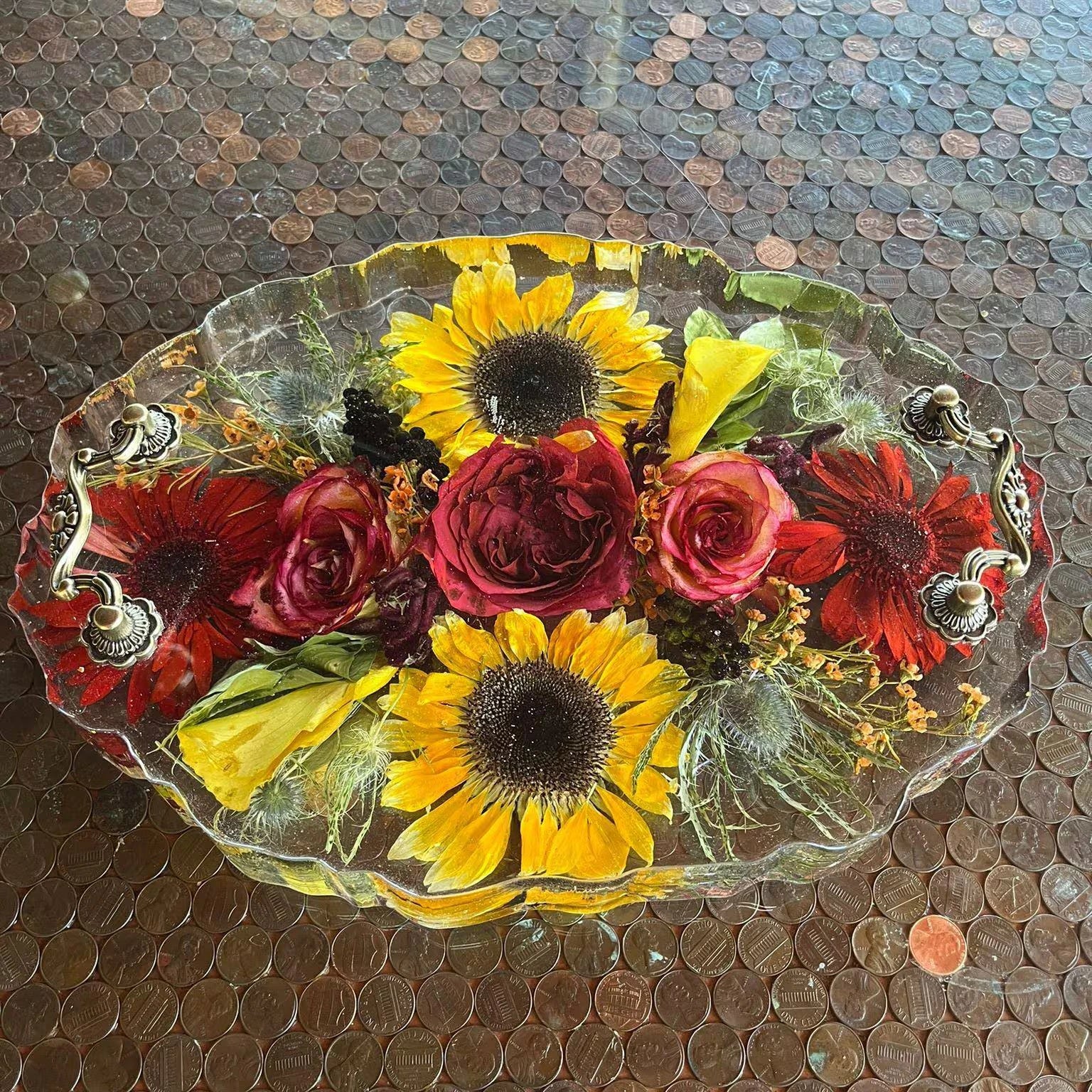 Resin Floral Preservation Display Tray with handles showing preserved wedding bouquet fragments for coffee table styling.