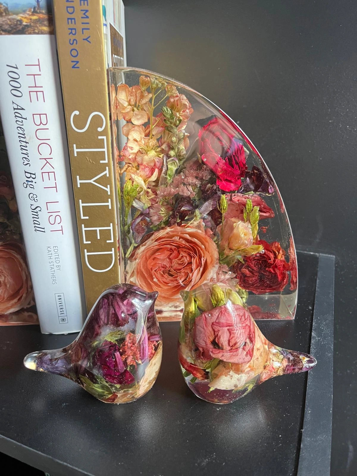Custom Resin Floral Preservation Bird figurine handcrafted with real wedding bouquet flowers.