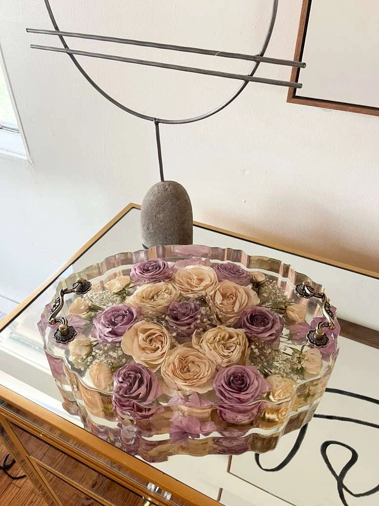 Resin Floral Preservation Display Tray with handles showing preserved wedding bouquet fragments for coffee table styling.