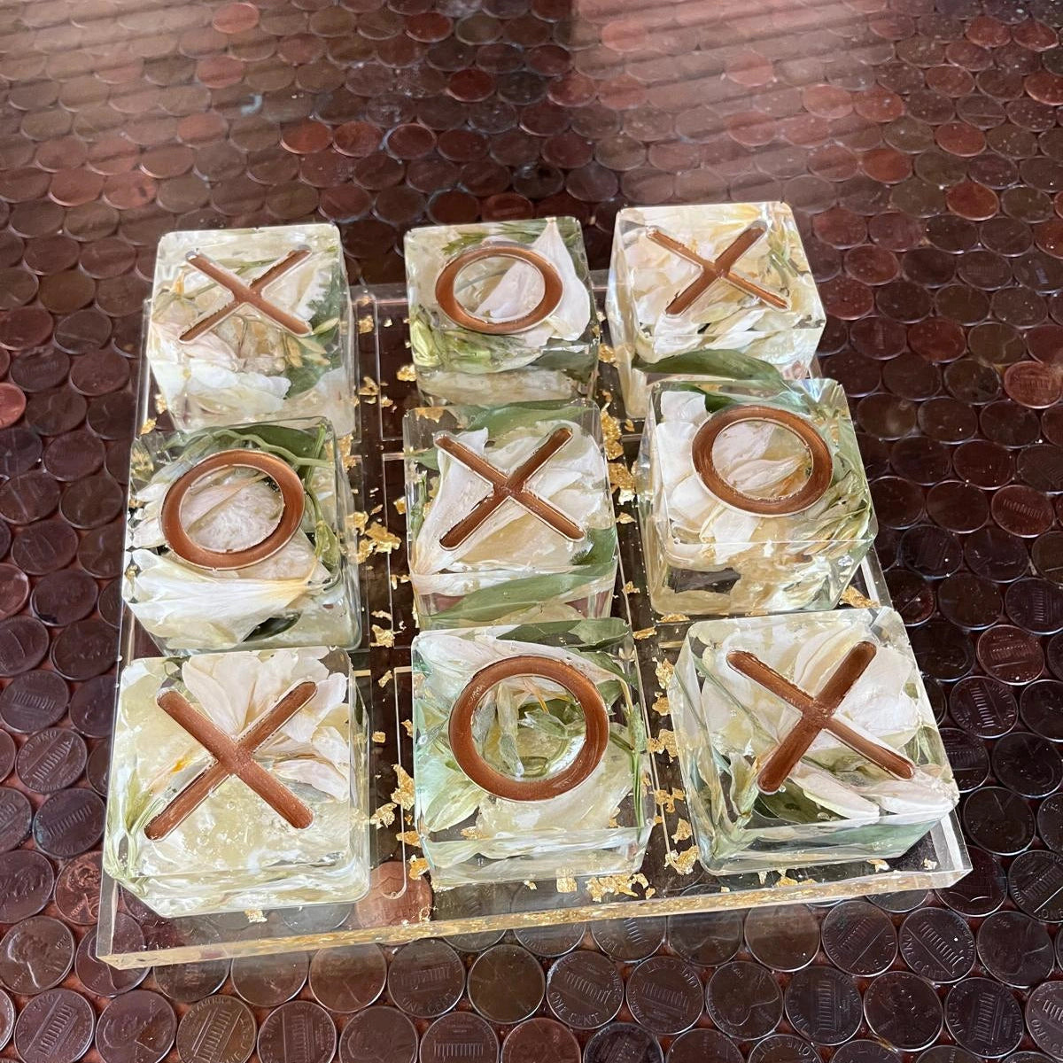 Resin Floral Preservation Tic-Tac-Toe Set featuring real wedding flowers embedded in a functional game board.