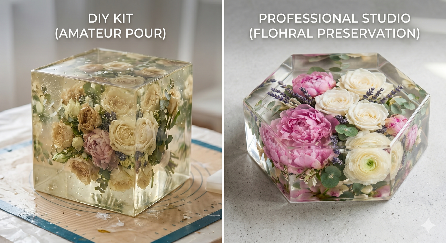 Comparison of a cloudy, yellowed DIY resin flower preservation block versus a crystal clear, vibrant professional resin block from Flohral Preservation.