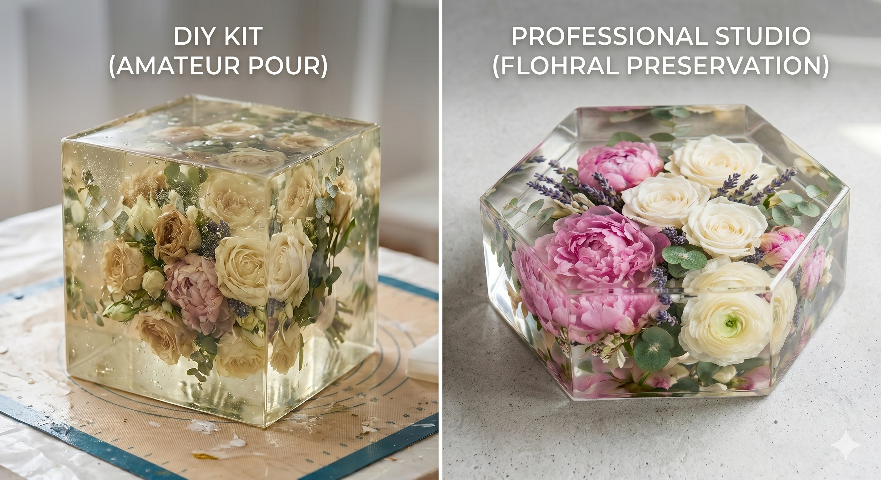 Comparison of a cloudy, yellowed DIY resin flower preservation block versus a crystal clear, vibrant professional resin block from Flohral Preservation.