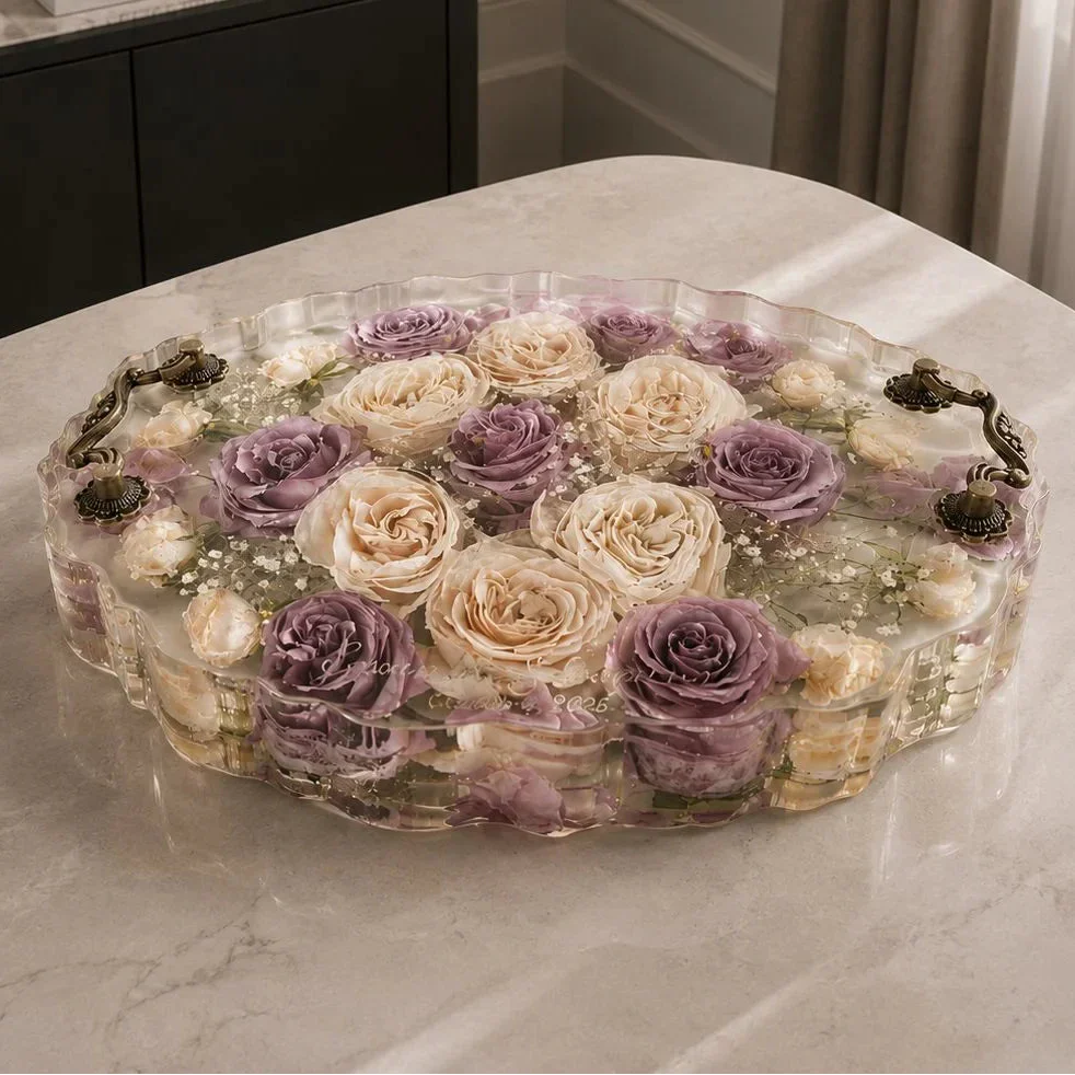 showing a slightly wilted wedding bouquet next to its perfectly preserved vibrant counterpart in a custom resin  block.