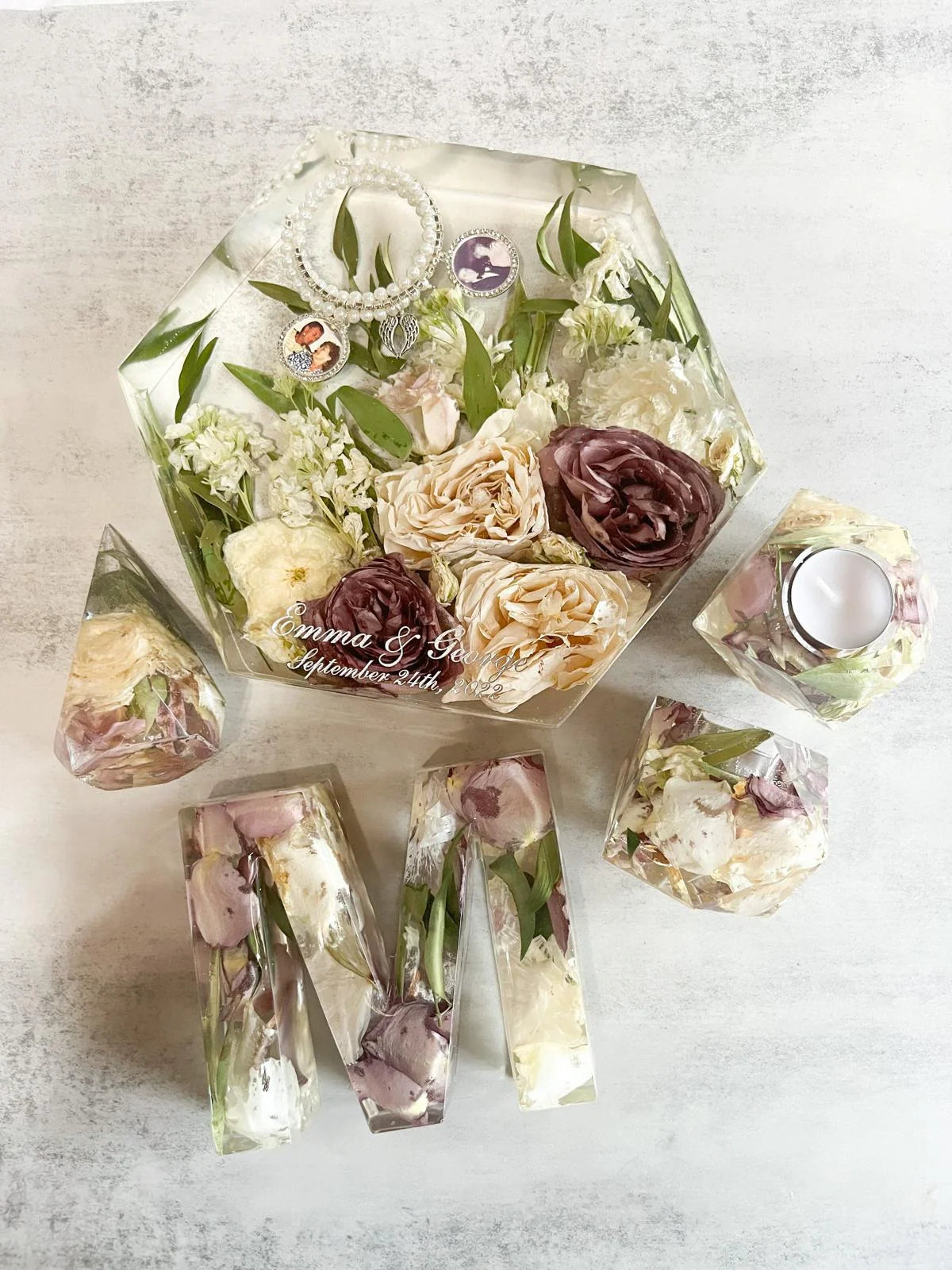 Custom wedding bouquet preserved in a large hexagon resin block