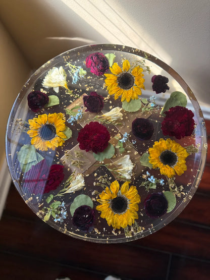 Resin Floral Preservation Side Table with metal legs showcasing custom preserved wedding flowers for living room decor.