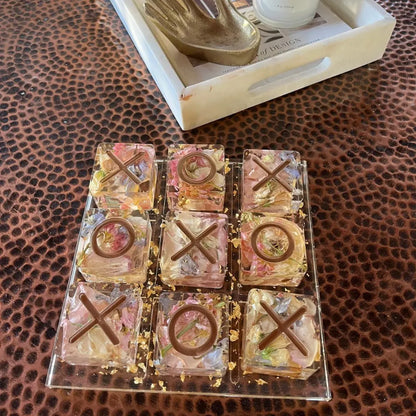 Resin Floral Preservation Tic-Tac-Toe Set featuring real wedding flowers embedded in a functional game board.