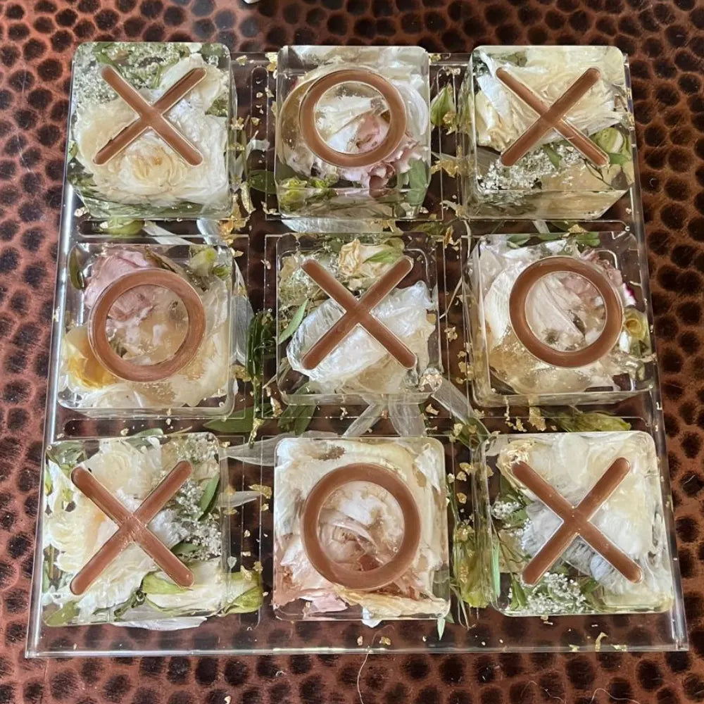 Resin Floral Preservation Tic-Tac-Toe Set featuring real wedding flowers embedded in a functional game board.
