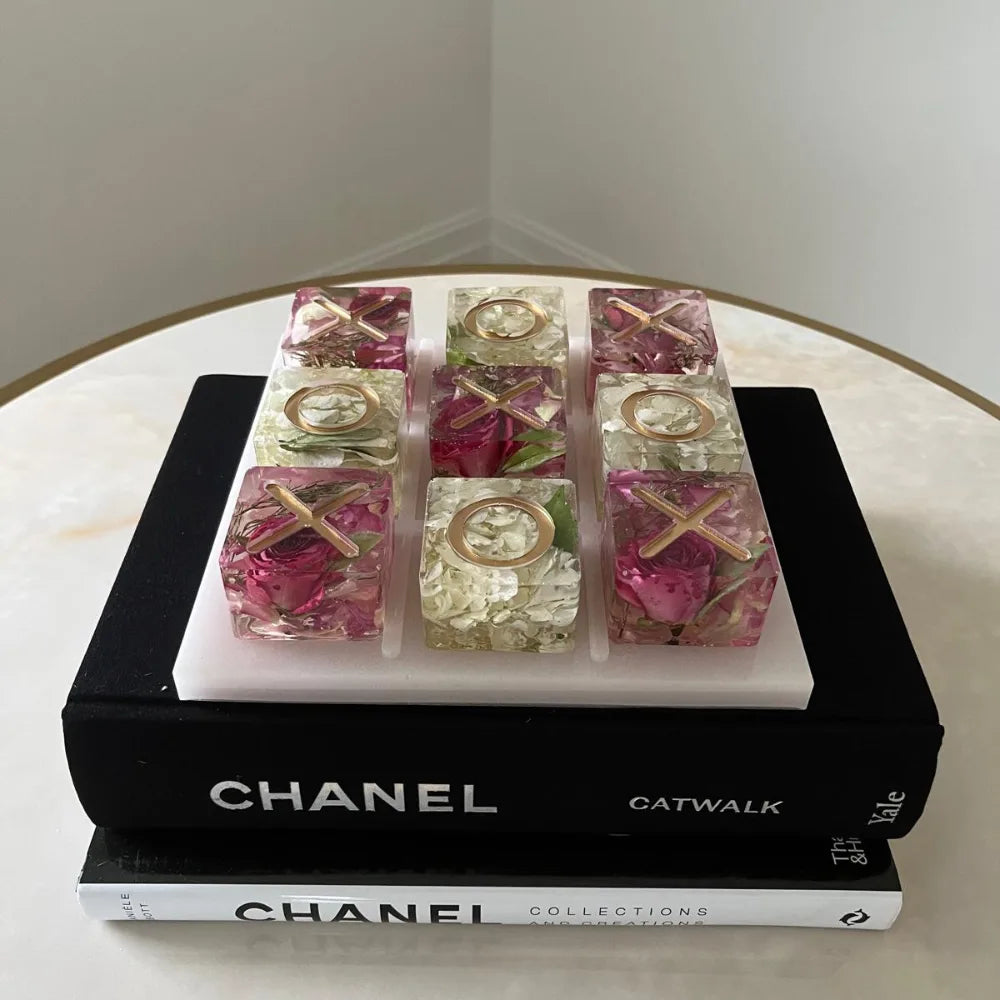 Resin Floral Preservation Tic-Tac-Toe Set featuring real wedding flowers embedded in a functional game board.