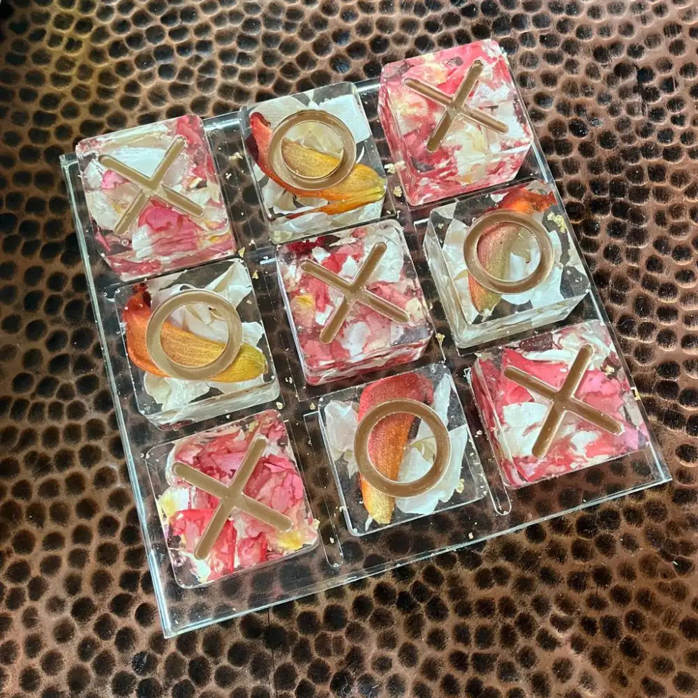 Resin Floral Preservation Tic-Tac-Toe Set featuring real wedding flowers embedded in a functional game board.