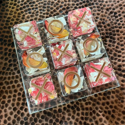Resin Floral Preservation Tic-Tac-Toe Set featuring real wedding flowers embedded in a functional game board.
