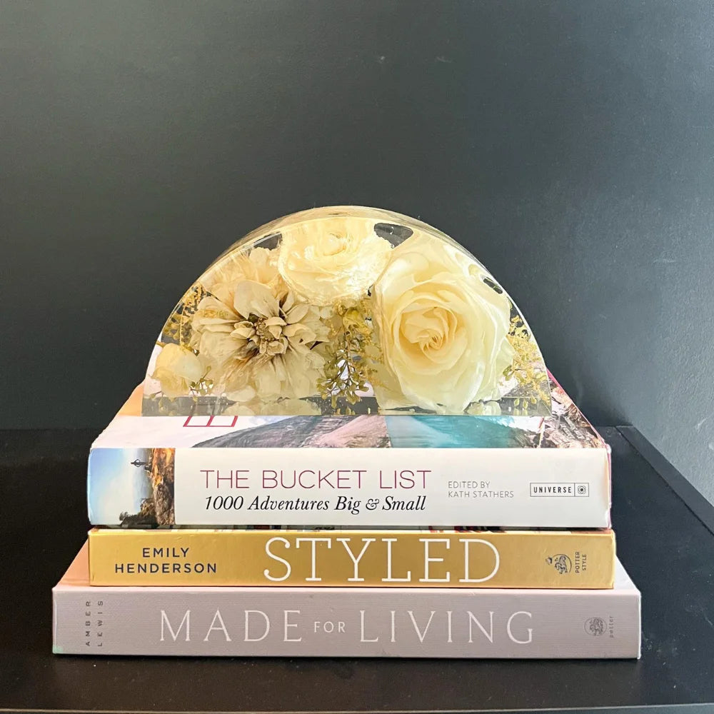 Resin Floral Preservation Half Moon Block showcasing preserved wedding flowers in a modern, sculptural arch shape.