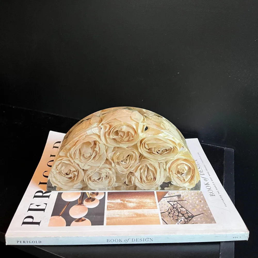 Resin Floral Preservation Half Moon Block showcasing preserved wedding flowers in a modern, sculptural arch shape.