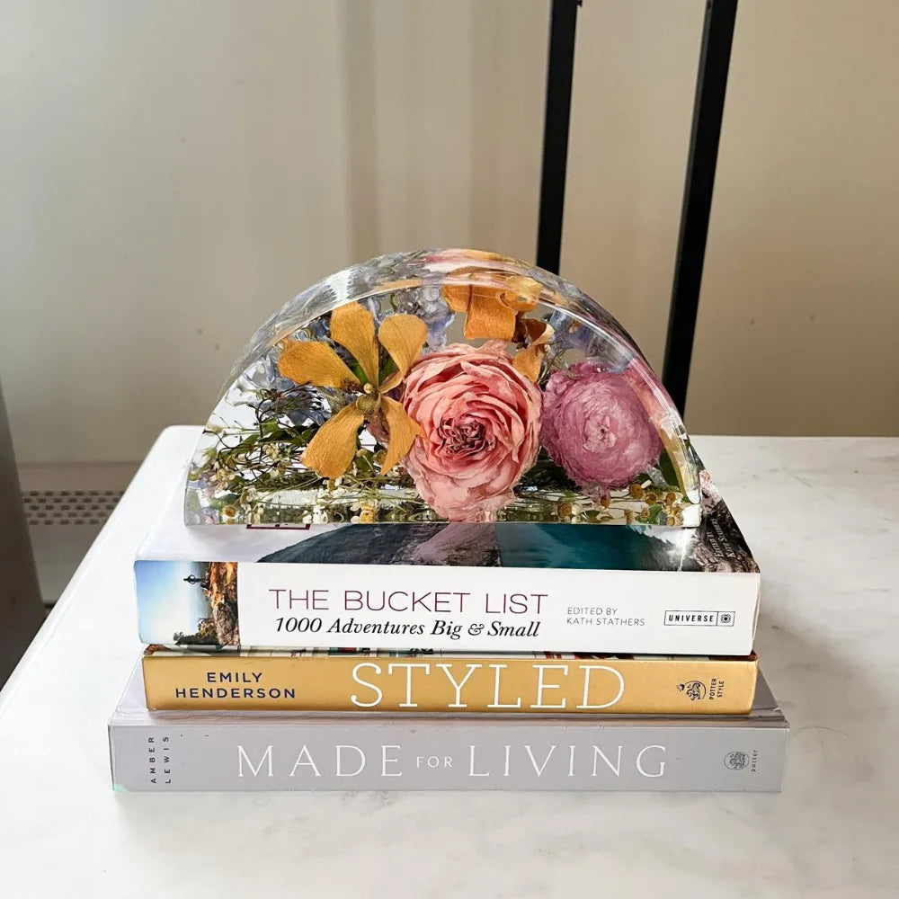 Resin Floral Preservation Half Moon Block showcasing preserved wedding flowers in a modern, sculptural arch shape.