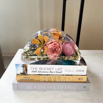 Resin Floral Preservation Half Moon Block showcasing preserved wedding flowers in a modern, sculptural arch shape.