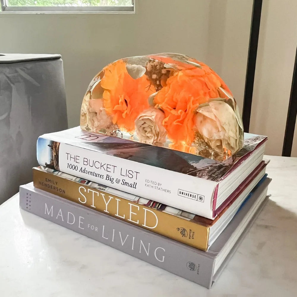 Resin Floral Preservation Half Moon Block showcasing preserved wedding flowers in a modern, sculptural arch shape.
