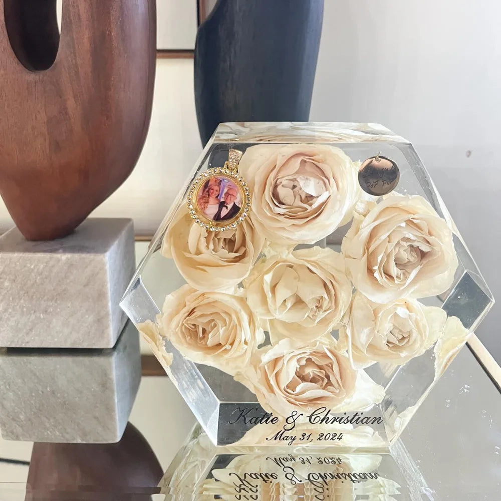 Geometric Hexagon Resin Floral Preservation Block displaying a vibrant custom wedding bouquet from all angles.
