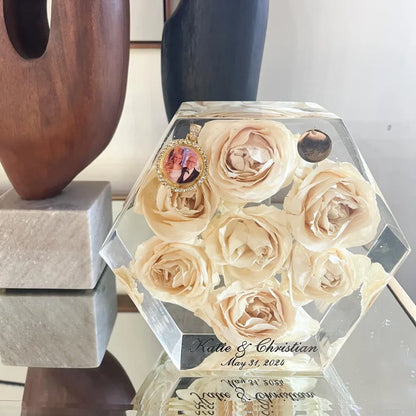 Geometric Hexagon Resin Floral Preservation Block displaying a vibrant custom wedding bouquet from all angles.
