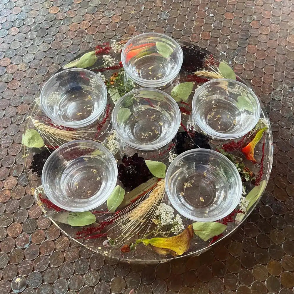 Resin Floral Preservation Party Platter Set with matching cups featuring real wedding bouquet petals for elegant serving.