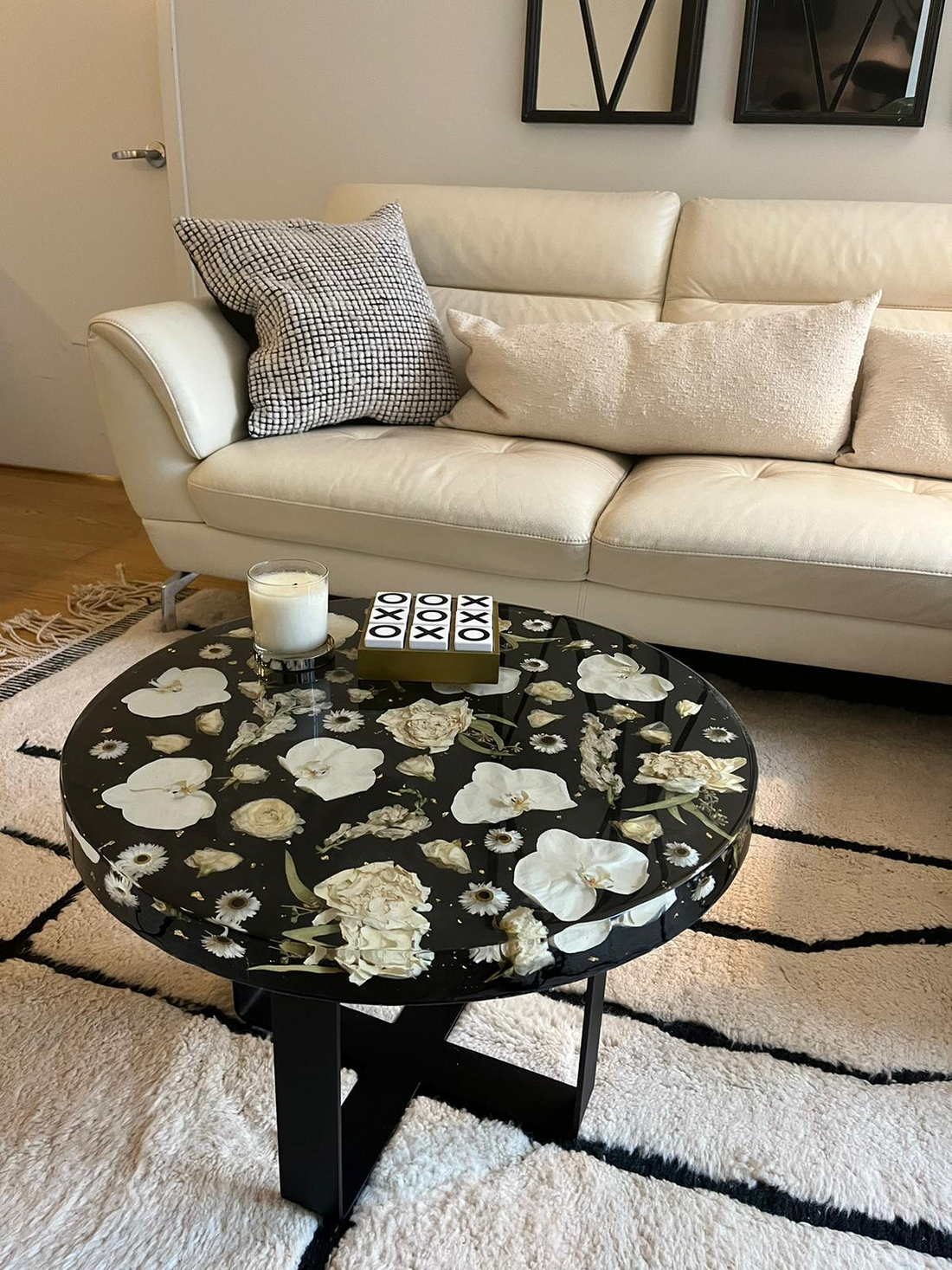 Large Resin Floral Preservation Coffee Table serving as luxury home furniture with a full preserved wedding bouquet inside.