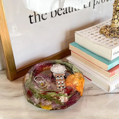 Resin Floral Preservation Trinket Dish holding small jewelry items with custom wedding bouquet fragments.