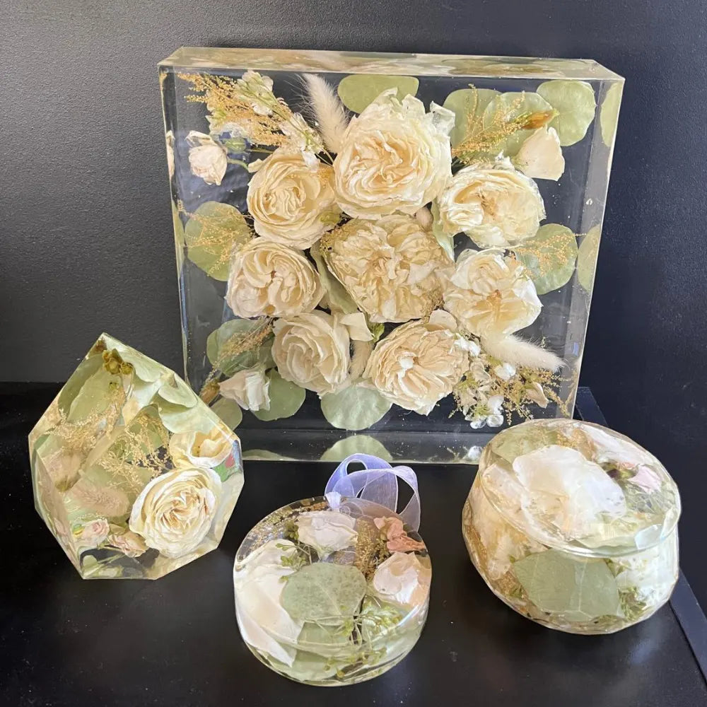 Classic Square Resin Floral Preservation Block capturing a lush wedding bouquet in crystal clear resin.