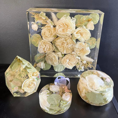Classic Square Resin Floral Preservation Block capturing a lush wedding bouquet in crystal clear resin.