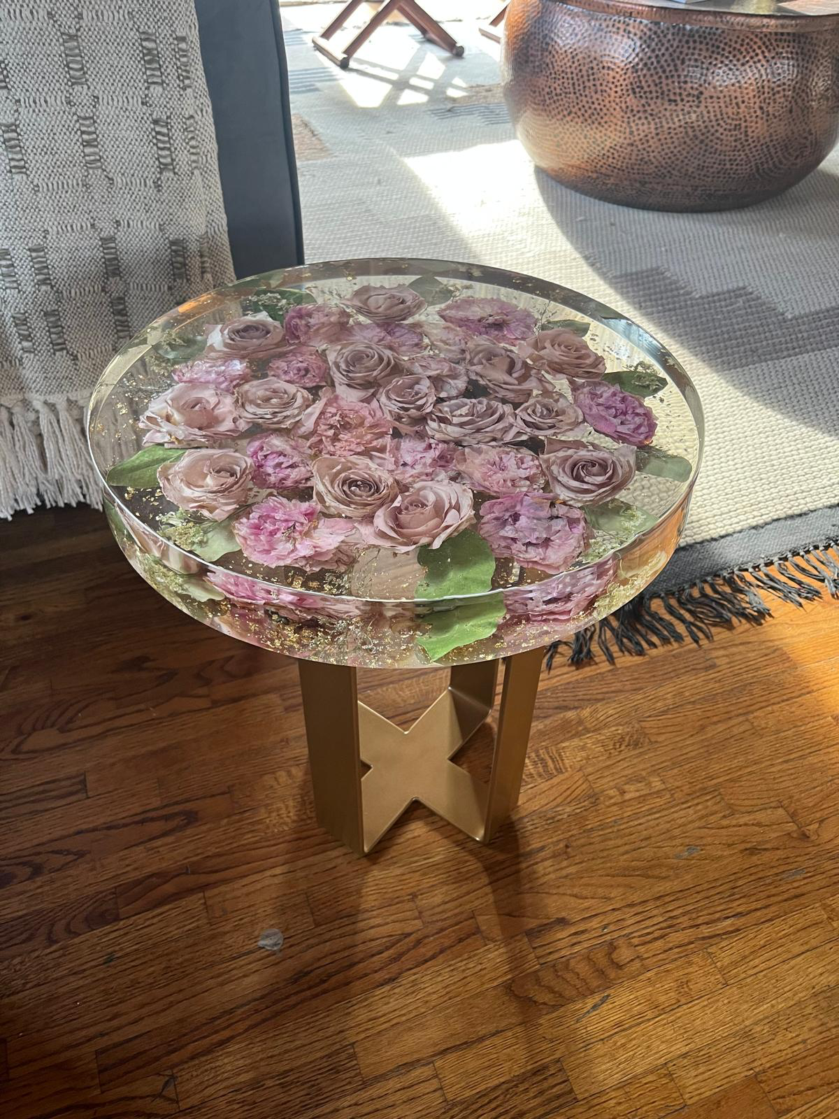 Resin Floral Preservation Side Table with metal legs showcasing custom preserved wedding flowers for living room decor.